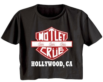 Motley Crue Womens Crop Top Girls Road Sign Graphic Cropped T-Shirt Hollywood California LA Festival Harley Davidson Biker Short Tee
