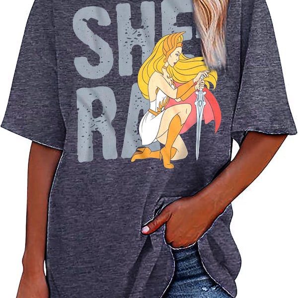 She-Ra Women's Oversize T-Shirt Shera Princess of Power Pose Blue Graphic Tee Masters of the Universe Shirt Vintage TV Show Tee