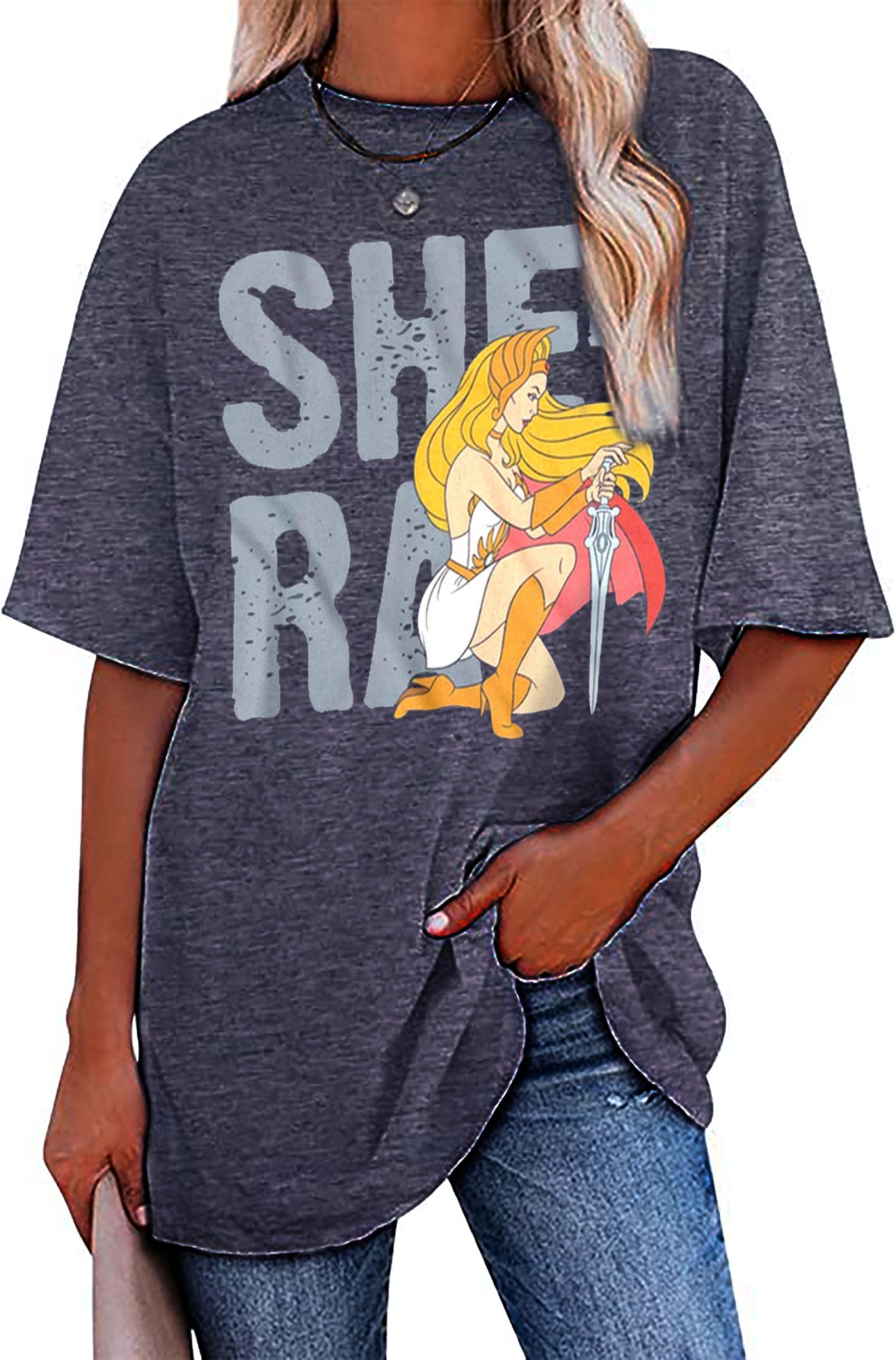 She-Ra Women's Oversize T-Shirt Shera Princess of Power Pose Blue Graphic Tee Masters of the Universe Shirt Vintage TV Show Tee