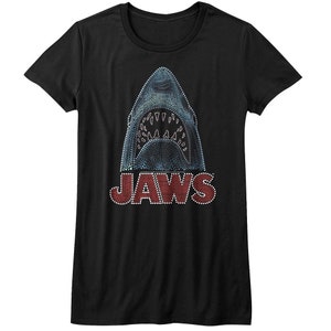 Jaws Movie Women's T-Shirt Bedazzled Look Shark Movie Poster Graphic Tee Vintage Style Film Merch T-Shirt Cinephile Top Gift For Her