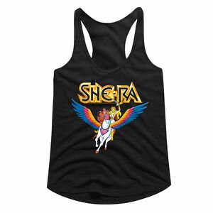 May include: Black tank top with a gold "She-Ra" logo and a cartoon image of She-Ra riding a winged horse.