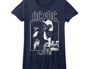 May include: Navy blue t-shirt featuring a white graphic of the band AC/DC performing live on stage. The band's logo is at the top, with the word "LIVE" at the bottom. The image is a black and white concert photo.