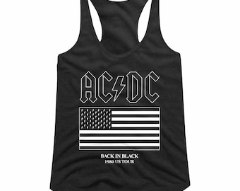 May include: Black tank top with a white AC/DC logo, an American flag with lightning bolts, and the text "Back in Black 1980 US Tour."