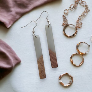 Grey Wood and Resin Bar Earrings, Cute Fall Earrings, Handmade Jewelry