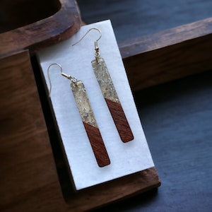 Silver Wood and Resin Bar Earrings, Cute Fall Earrings, Handmade Jewelry
