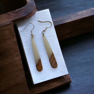 Grey Wood and Resin Teardrop Bar Earrings, Cute Fall Earrings, Handmade Jewelry