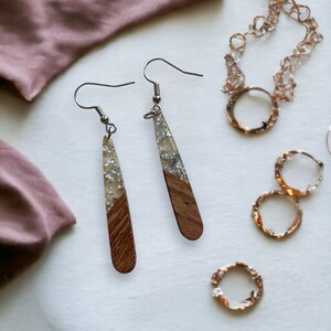 Silver Wood and Resin Teardrop Bar Earrings, Cute Fall Earrings, Handmade Jewelry