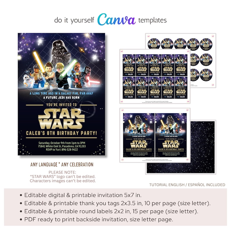 Birthday Editable Digital Template Invitation. Galaxy Jedi Celebration Invite. Kids Teens Party Text Card. Tags and Round Labels image 8