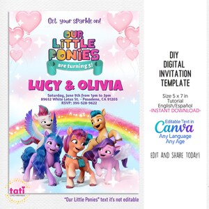 Modelo de convite editável para aniversário de gêmeos - Festa divertida e fofa para meninas - Cartão digital Rainbow Pink Girls