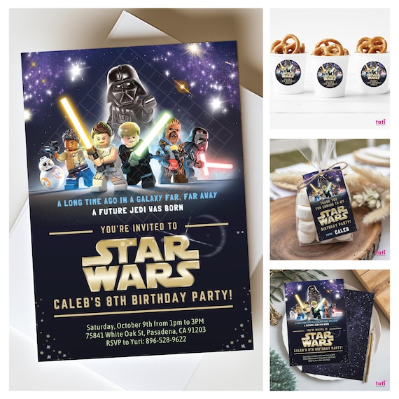 Birthday Editable Digital Template Invitation . Galaxy Jedi Celebration Invite . Kids Teens Party Text Card . Tags and Round Labels