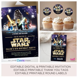 Birthday Editable Digital Template Invitation. Galaxy Jedi Celebration Invite. Kids Teens Party Text Card. Tags and Round Labels image 2