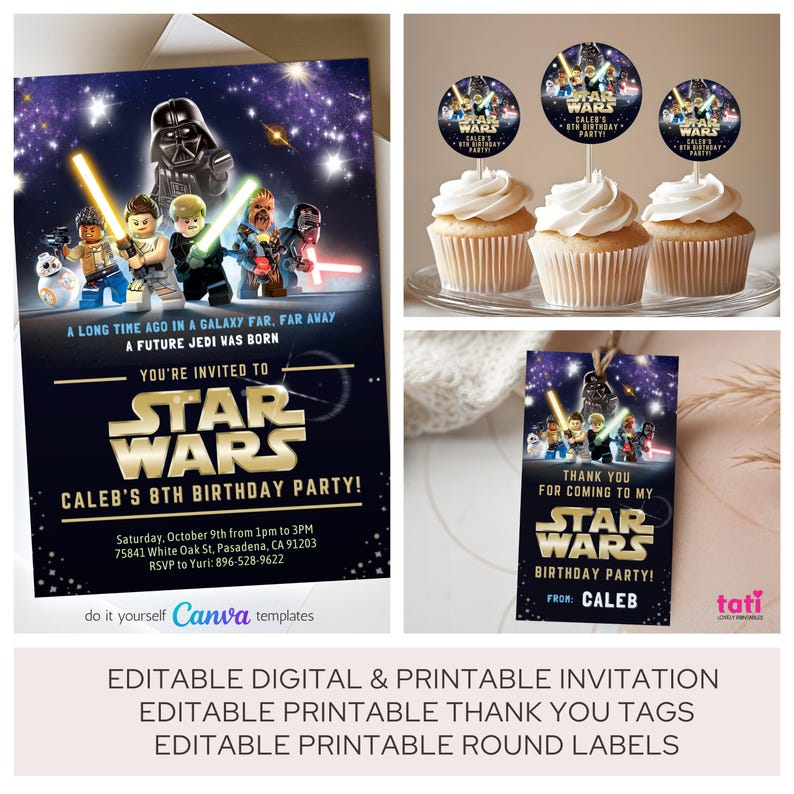 Birthday Editable Digital Template Invitation. Galaxy Jedi Celebration Invite. Kids Teens Party Text Card. Tags and Round Labels image 2
