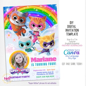 Fête d'anniversaire de chatons. Modèle d'invitation photo numérique modifiable. Chats mignons. Invitation à une fête avec de jolis animaux de compagnie. Carte de texte pour fille super-héros