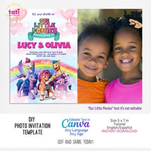 Modelo editável de convite com foto para aniversário de gêmeos - Festa divertida e fofa para meninas - Cartão digital Rainbow Pink Girls