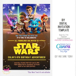 Bewerkbare Jedi-verjaardagsuitnodigingssjabloon. Galaxy Younglings Sterrenavonturenfeest. Digitale kinderkaartviering
