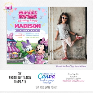 Minnie Birthday Editable Digital Template Photo Invitation . Little Girls Cute Bows Boutique Celebration Invite . Pink Party Text Card