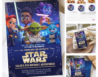 Jedi Birthday Editable Invitation Template. Galaxy Younglings Stars Adventures Party. Kids Digital Card Celebration. Tags and Labels