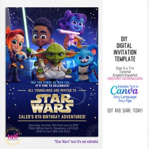 Modèle d'invitation d'anniversaire Jedi modifiable. Fête des aventures des jeunes étoiles de la galaxie. Célébration de la carte numérique pour enfants