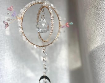 Butterfly Crystal Suncatcher with Rainbow Prisms and Gold Moon Charms