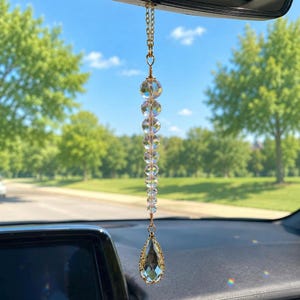 Raindrop Car Charm | Champagne Crystal Suncatcher | Gold Rearview Mirror Charm