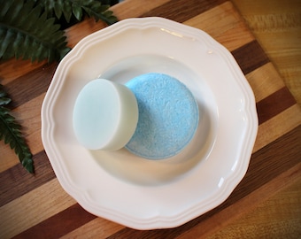 May include: Two round bars of soap on a white plate. One bar is light blue and the other is a darker shade of blue.