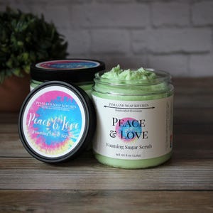Foaming Sugar Scrub | Peace & Love - 8oz Whipped Soap Scrub, Non-greasy and rinses clean, Sugar Whipped Soap, Sugar Body Scrub