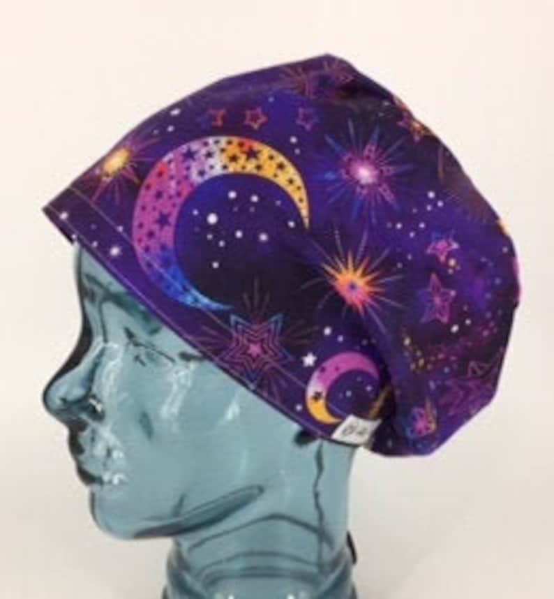 Divination Euro Modified Bouffant Scrub Hat Cap Purple Pink Blue Yellow Stars Moons Cosmos CRNA Nurse OR ERm ICU MedTech Dental FoodPrep