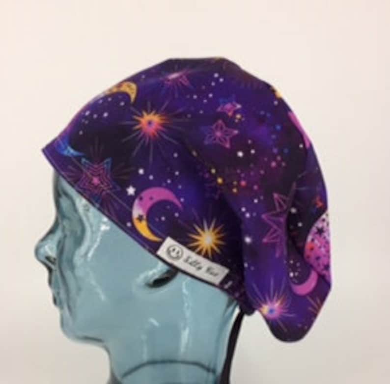 Divination Euro Modified Bouffant Scrub Hat Cap Purple Pink Blue Yellow Stars Moons Cosmos CRNA Nurse OR ERm ICU MedTech Dental FoodPrep