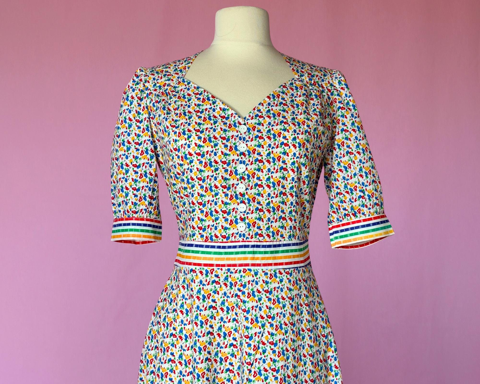 Robe D'été à Bretelles En Liberty Imprimé Fleuri Bleu Et Vert - Taille 40/42 (FR) - 100% Coton - Très Bon état