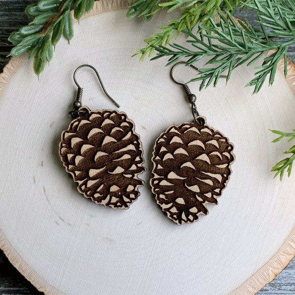 Wood Earrings, Pinecones,  Pine Cone, Gift, Nature, Jewelry, Laser Cut