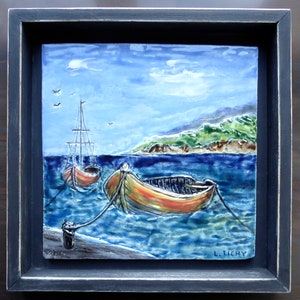 Handmade Old Boats Ceramic Wall Art Tile - Custom Framed Maritime Decor - Nautical Boat Art - Ready to Hang Coastal Home Decor