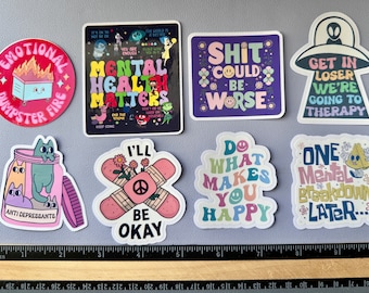 FREE SHIPPING 8 pack Positive Vibes Mental Health Stickers - Uplifting Quotes & Affirmations -  Motivational Stickers for Mental Wellness