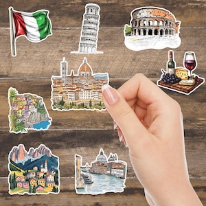 FREE SHIPPING Italy Travel Stickers,  8pack – Aesthetic Waterproof Vinyl Stickers for Journals, Laptops, and Scrapbooks, 2.5 to 3 inches