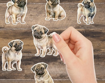 FREE SHIPPING -- Adorable Pug Dog Stickers | Cute Vinyl Pug Stickers for Laptop, Water Bottles, Planners, pack of 6, water proof, 3 inches