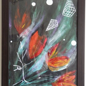 Dipinto a olio su tela iridescente di fiori di tulipano, opera d'arte originale incorniciata, quadro da parete astratto contemporaneo, regalo fiore astrale