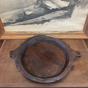 Vintage Primative Style Wooden Tray with Handcarved Handles Antique style dark stain wood Wear consistent with age as pictured image 1