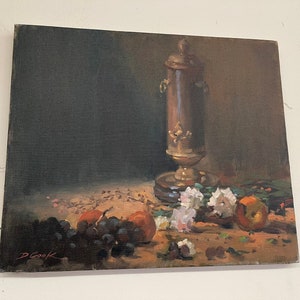 Vintage Painting from Seattle Artist D Cook Still Life Floral Fruit Brown image 3