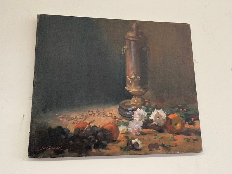 Vintage Painting from Seattle Artist D Cook Still Life Floral Fruit Brown image 3
