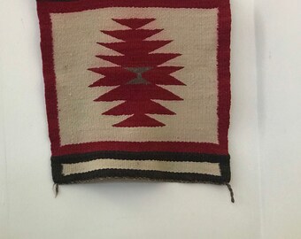 Vintage Handwoven Red Geometric Black and Beige Border. 17” by 29”