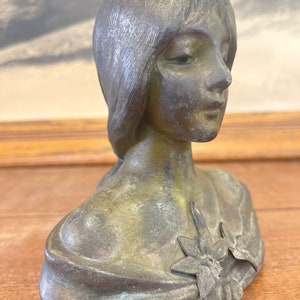 Vintage Figurine Bronze Female Sculpture with Floral Detail Description: Antique Style unsigned sculpture woman flower detail art decor image 8