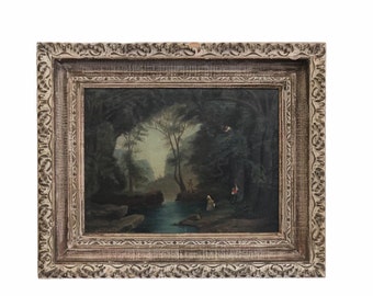 Vintage Framed Signed Original Artwork - Swimming Hole Pond Landscape - Fishing Children Quaint Country Living Scene Painting Wall Decor