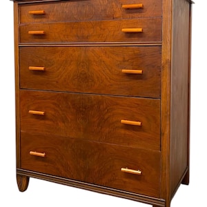Free shipping within continental US - Vintage Art Deco 5 Drawer Dresser with Book matched BurlWood Accents and Bakelite Pulls by Crescent Co