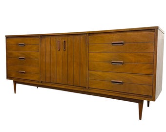 Free shipping within continental US - Vintage Mid Century Modern Walnut 9-Drawer Triple Dresser Dovetailed Drawers