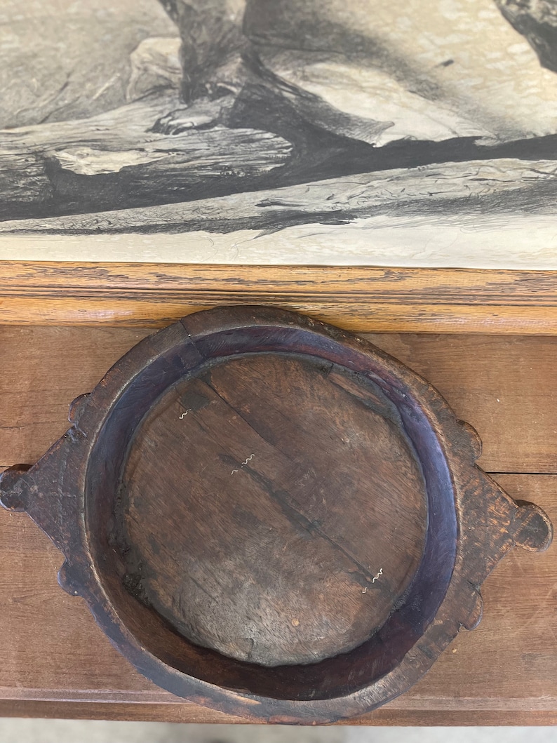 Vintage Primative Style Wooden Tray with Handcarved Handles Antique style dark stain wood Wear consistent with age as pictured image 9