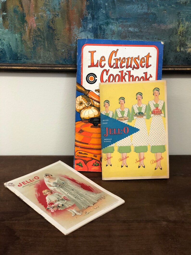 Vintage 1970s Le Creuset Cookbook and 1930s Jell-o Recipe book with original insert Print Decor Retro image 6