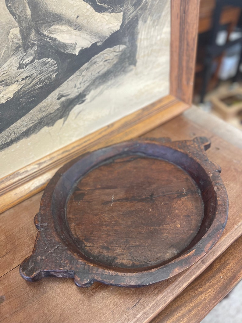 Vintage Primative Style Wooden Tray with Handcarved Handles Antique style dark stain wood Wear consistent with age as pictured image 3