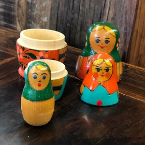 Vintage MCM Wooden Nesting Dolls Handpainted Handmade Cute Charming Cottagecore Danish Russian Made In USSR Decor Figurines Small image 2