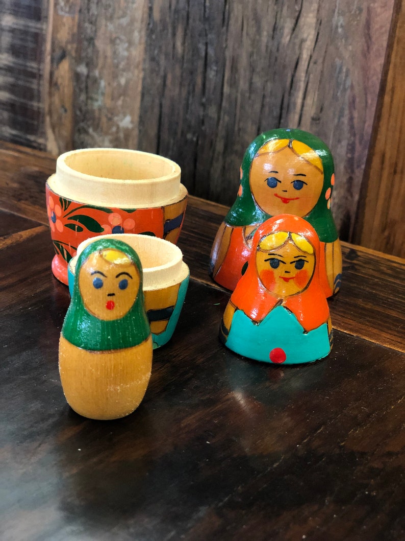 Vintage MCM Wooden Nesting Dolls Handpainted Handmade Cute Charming Cottagecore Danish Russian Made In USSR Decor Figurines Small image 2