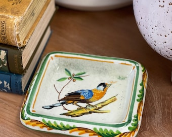 Vintage Handmade Ceramic Pottery Tray Bird Design Hand Painted Green Orange Mid Century Modern Decor Animal