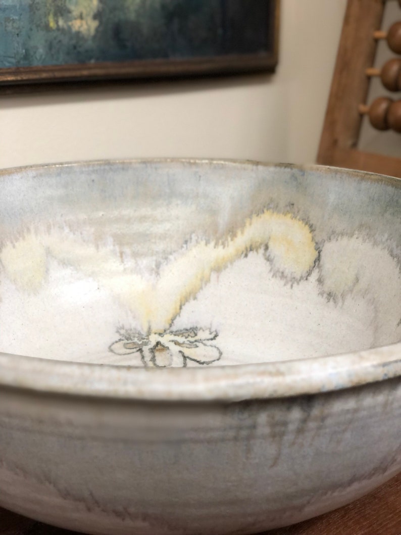 Handmade vintage ceramic white and blue studio pottery mid century modern signed decor bowl tray image 2